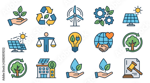 Minimalist Colorful Icons Set Featuring Sustainable Living Renewable Energy Environmental Conservation and Green Technology