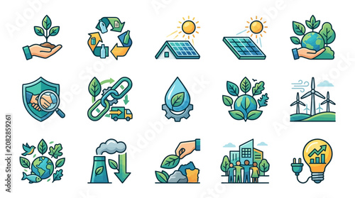 Elegant Collection of Colorful Eco Friendly and Sustainable Living Icons with Hands Solar Panels Wind Turbines Recycling Symbols