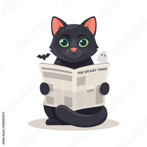 Cute black cat reading the spooky times newspaper with a small ghost and bat for halloween celebration concept isolated on white background