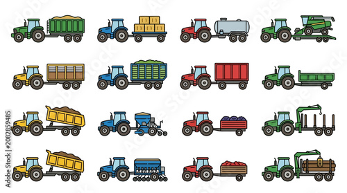 Dynamic Colorful Collection of Agricultural Tractors with Various Farming Equipment and Trailers