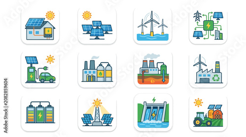 Dynamic Illustrations of Renewable Energy Sources and Sustainable Technologies in Colorful Style