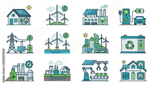 Professional Illustrated Collection of Renewable Energy and Sustainable Technology Icons in Blue Green Color Palette