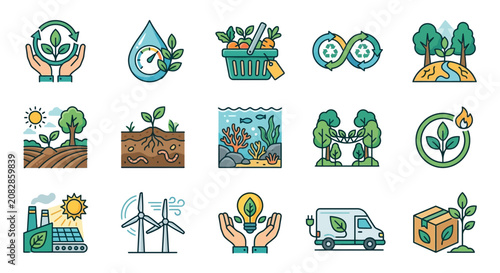 Sleek Colorful Illustrated Icons Set Featuring Eco Friendly Concepts Renewable Energy and Sustainable Living Elements