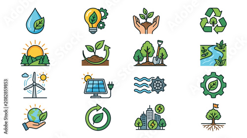 Creative Colorful Flat Icons Set Featuring Environmental Conservation Renewable Energy and Sustainability Symbols