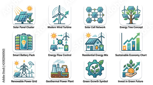 Industrial Renewable Energy Icons Showcasing Solar Wind and Geothermal Solutions with Smart Technology and Economic Growth