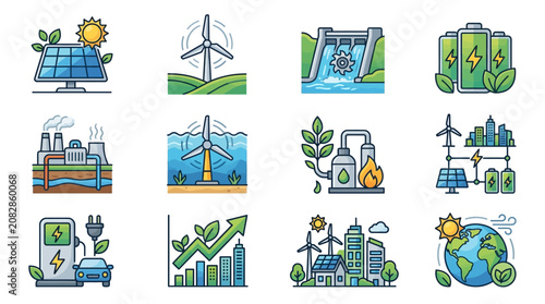 Corporate Infographic Set of 12 Colorful Icons Showing Renewable Energy Sustainable Development Green Technology and Eco Friendly Concepts