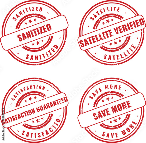 Konstfotografi Set of four circular red rubber stamps with professional messages about sanitiza