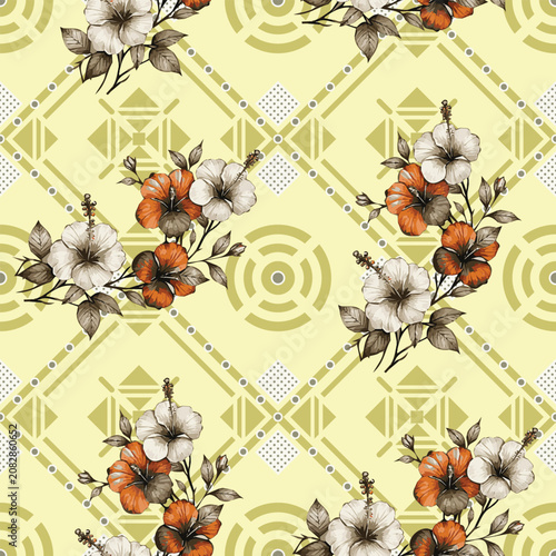 a floral pattern with flowers on a yellow background.Floral and Geometric Seamless Pattern Pattern