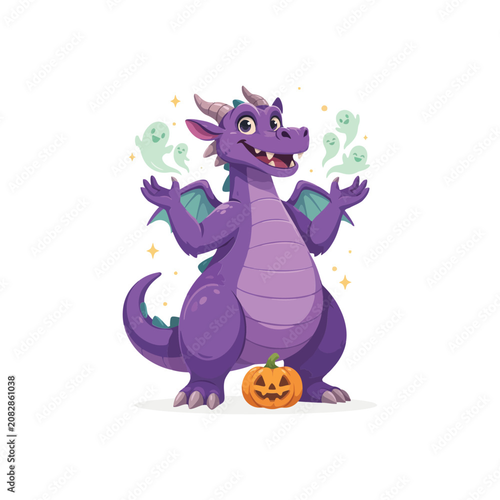 Fototapeta premium Cute purple dragon character standing next to a small carved jack-o-lantern pumpkin with friendly ghosts floating in the air for halloween party