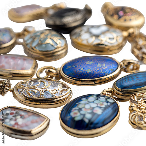 Close-up showcases a collection of ornate, golden pendants with diverse, colorful enameled and jeweled designs