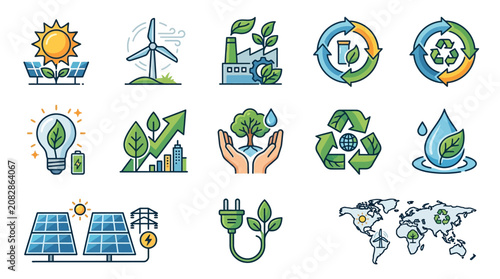 Clean Energy and Sustainability Icons Set Colorful Illustrations of Solar Panels Wind Turbines Recycling and Eco Friendly Concepts