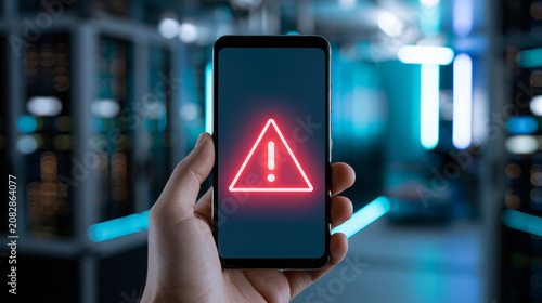 A smartphone with a red triangle warning icon is displayed inside the server room of a cybersecurity data center.