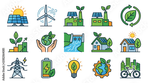 Clean Colorful Illustrated Icons Set Featuring Renewable Energy Eco Friendly Living and Sustainable Development