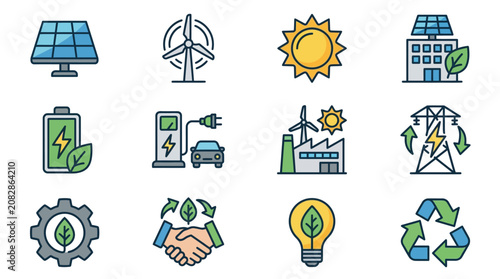 Dynamic Illustrated Icons Showcasing Renewable Energy Sustainability and Eco Friendly Concepts in Colorful Style