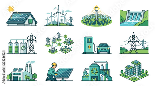 Dynamic of Renewable Energy Sources Smart Grid Systems and Sustainable Technologies in Action with high quality professional line art symbols for modern creative design and digital branding projects