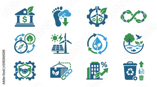 Professional Icons Set Featuring Sustainable Development Eco Friendly Concepts and Circular Economy Symbols in Blue Green and Purple
