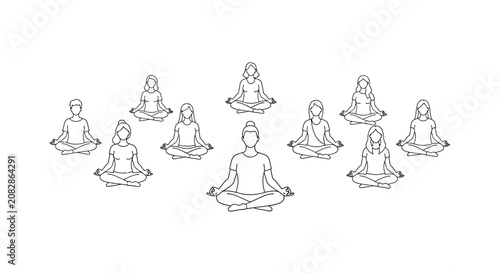 Group Meditation Illustration: Diverse people in lotus pose for mindfulness and inner peace