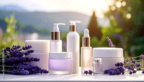 Natural skincare products with lavender outdoors daytime sunlight