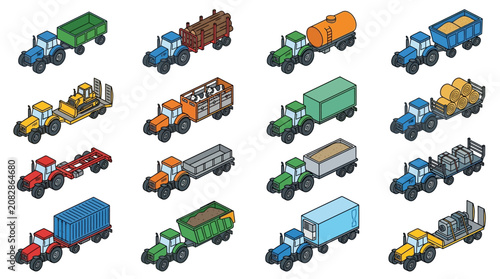 Elegant Collection of Colorful Agricultural and Construction Tractor Trailers with Diverse Loads