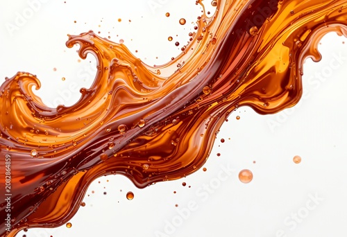 Dynamic splash of amber liquid with bubbles on white background