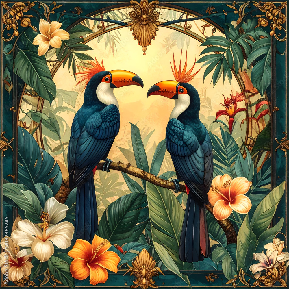 Fototapeta premium Exotic birds wallpaper design perching among tropical plants creating a luxurious vibrant warm vintage aesthetic generative AI
