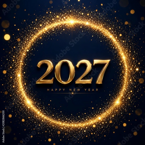 Golden Happy New Year 2027 Background with Glitter Sparkle Circle and Metallic Typography