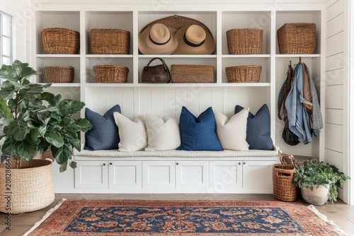 selective focus entryway bench with baskets