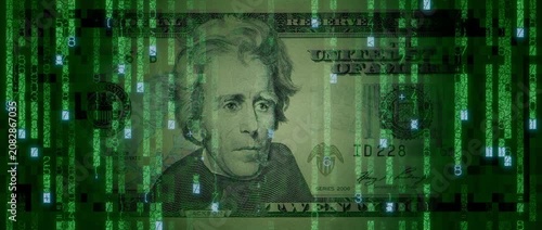 Digital Money Concept with Twenty Dollar Bill made from Animated Numbers and Symbols. Innovative Finance Background.