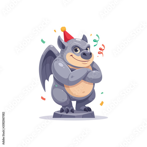Happy gargoyle character wearing a party hat standing with arms crossed and surrounded by colorful confetti for holiday and celebration