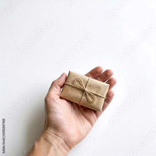 Hand holding small gift wrapped in brown paper with twine  