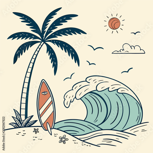 Surfboard standing on sandy beach with palm tree and wave