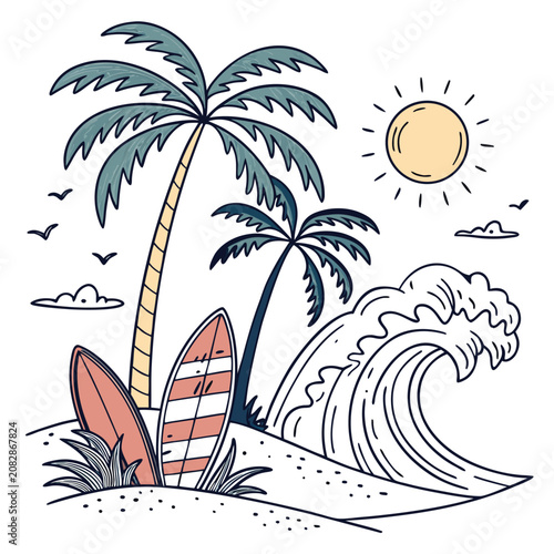 Palm trees and surfboards on a sunny beach with ocean wave