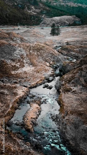 Drone shot aerial view of the Scottish highlands in Scotland United Kingdom in Winter