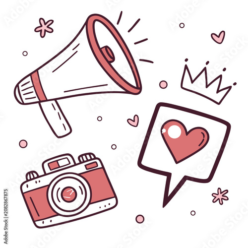 Doodle megaphone camera and heart social media icons set