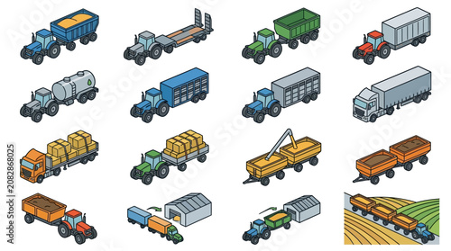 Minimalist of Various Agricultural and Transport Vehicles with Colorful Trailers and Equipment with high quality professional line art symbols for modern creative design and digital branding projects