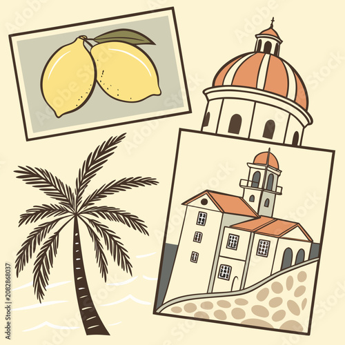 Travel set with lemon palm tree and old church illustration
