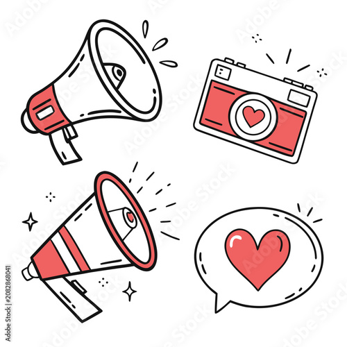 Set of cute hand drawn megaphone camera and heart icons