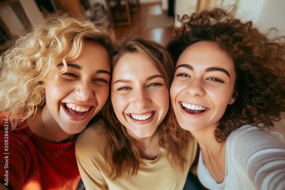 Fototapeta premium Three friends smiling and laughing at the camera, sharing joy