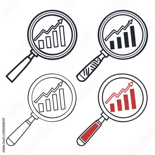 Set of magnifying glass icons with growth charts