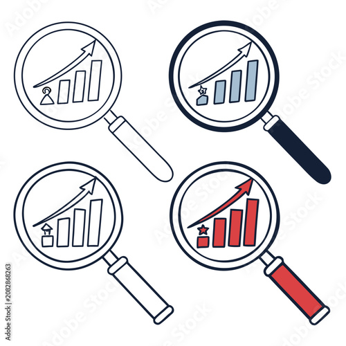 Set of four magnifying glasses with growing business charts