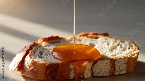 Wooden honey dipper dripping honey onto a slice of bread