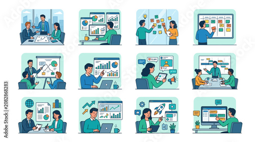 Elegant Corporate Team Collaboration and Data Analysis Illustrated with Modern Office Scenes in Calm Blues and Greens