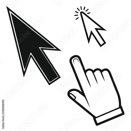 Black computer mouse cursor arrows and hand pointer icons