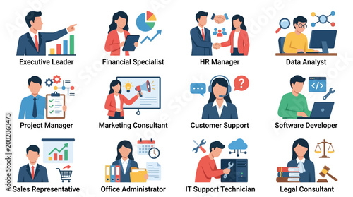 Modern Illustrated Guide to Diverse Corporate Roles with Colorful Icons and Symbols with high quality professional line art symbols for modern creative design and digital branding projects