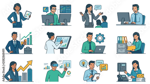 Modern Business Analytics and Communication Concepts Illustrated with Diverse Professional Scenes