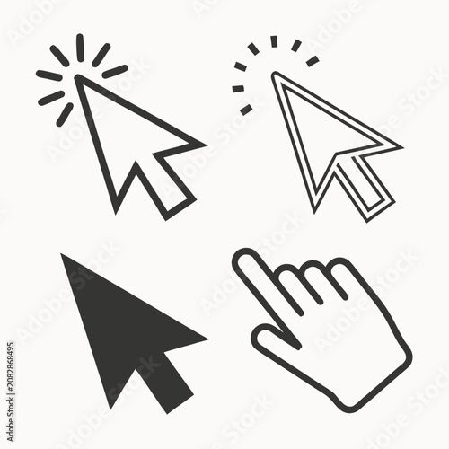 Set of black computer mouse cursors and hand pointers