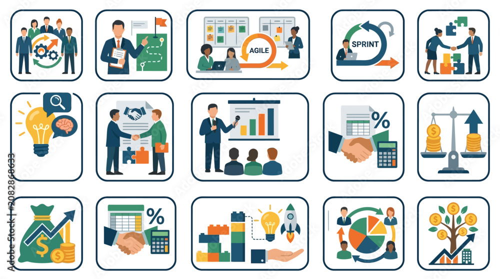 Fototapeta premium Clean Illustrated Infographic Showing 15 Key Business and Project Management Concepts with Icons