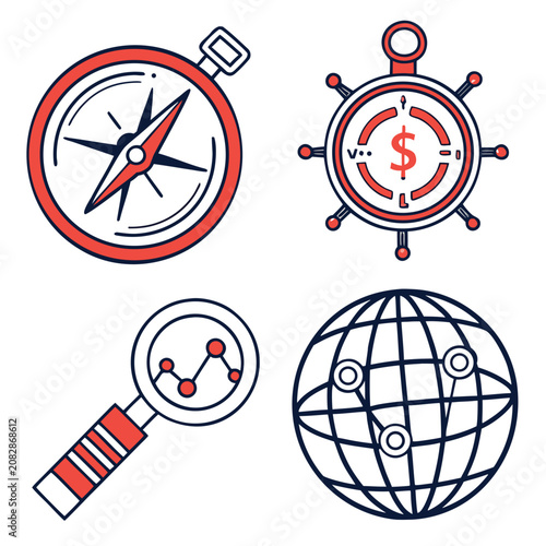 Business and travel icons with compass and global map
