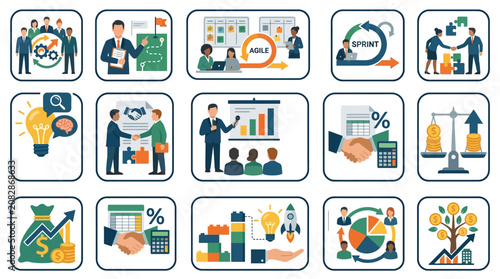 Clean Illustrated Infographic Showing 15 Key Business and Project Management Concepts with Icons