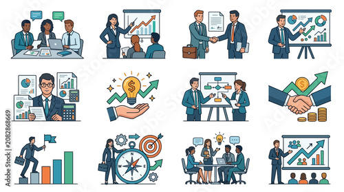 Minimalist Business Strategy Featuring Professionals Charts Handshakes and Financial Icons in Blue Green and Gray